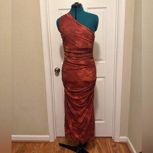 Elegant Formal One-Shoulder Rust Red Body Con Ruched Dress
